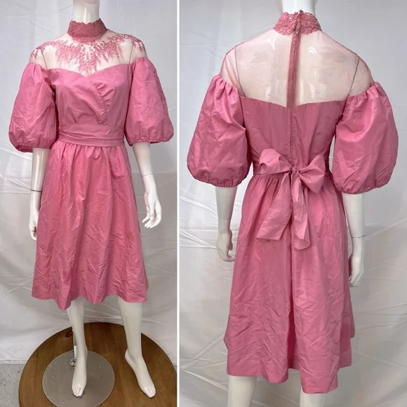 Vintage | Dresses | Vintage Pink Puff Sleeve Lace Mock Neck 7s 80s Flare  Belted Midi Dress Xs S | Poshmark